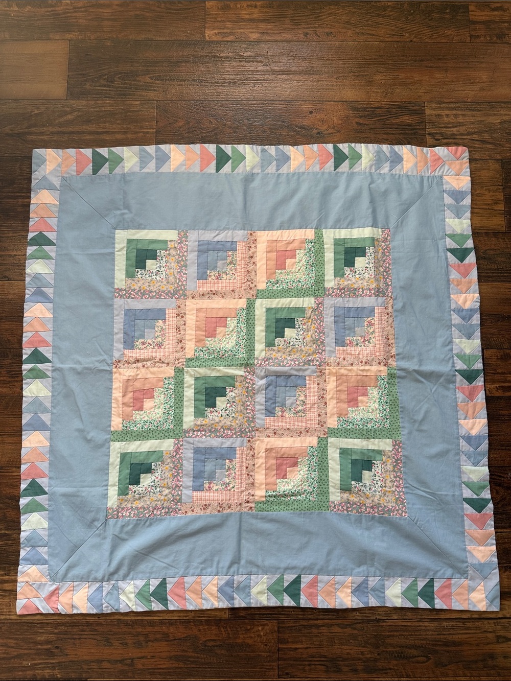 Pastel Log Cabin Quilted Throw - Blue, Pink & Green